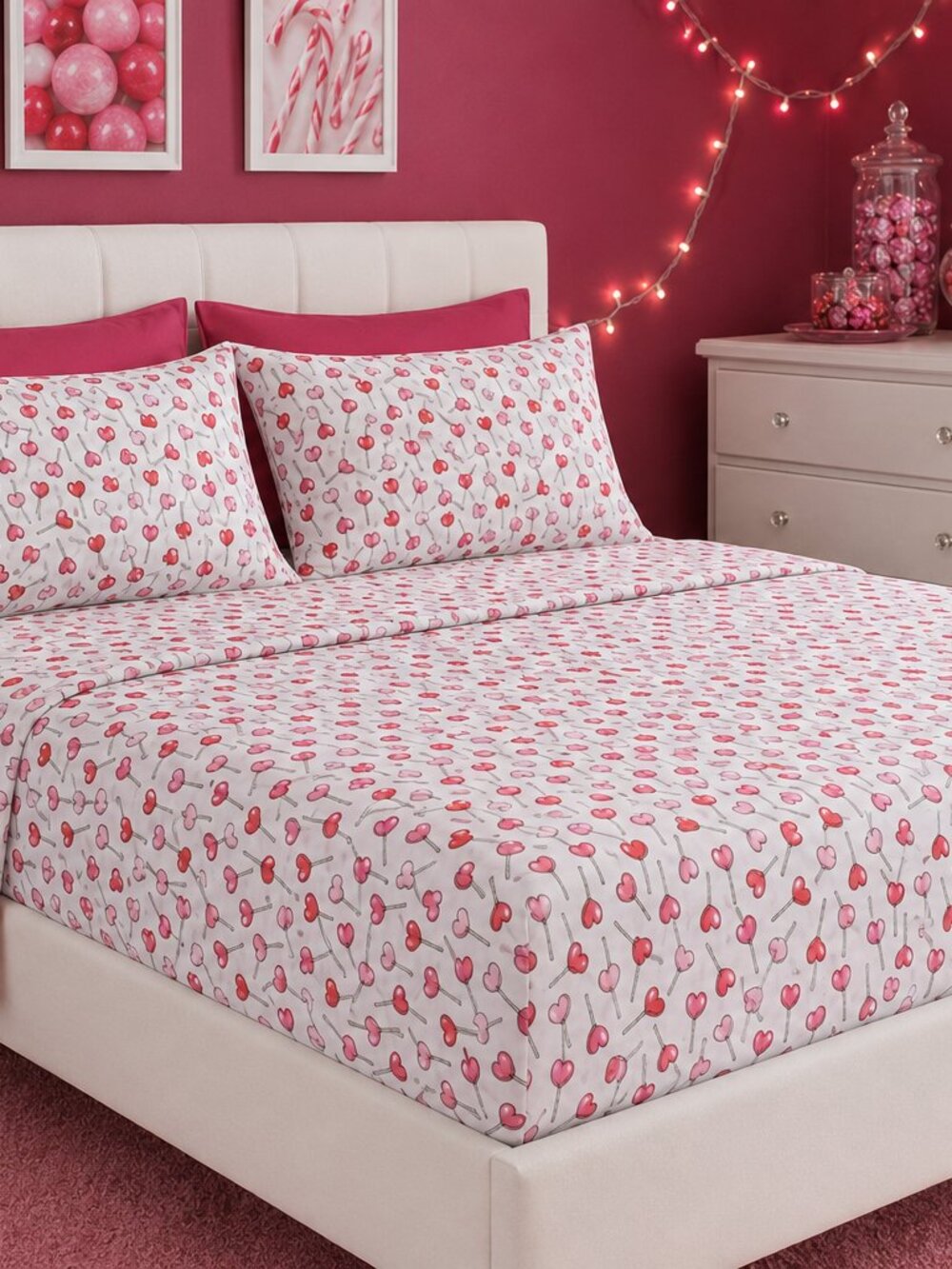 NWT - Envogue Queen Sheet Set with Storage Bag - Lollipop Hearts - Red & Pink